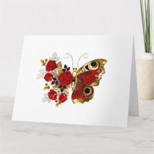 Tarjeta Mariposa de flor roja con rosas rojas