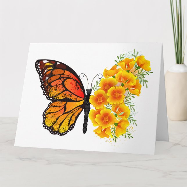 Tarjeta Mariposa de flores con amapola amarilla de Califor (Anverso)