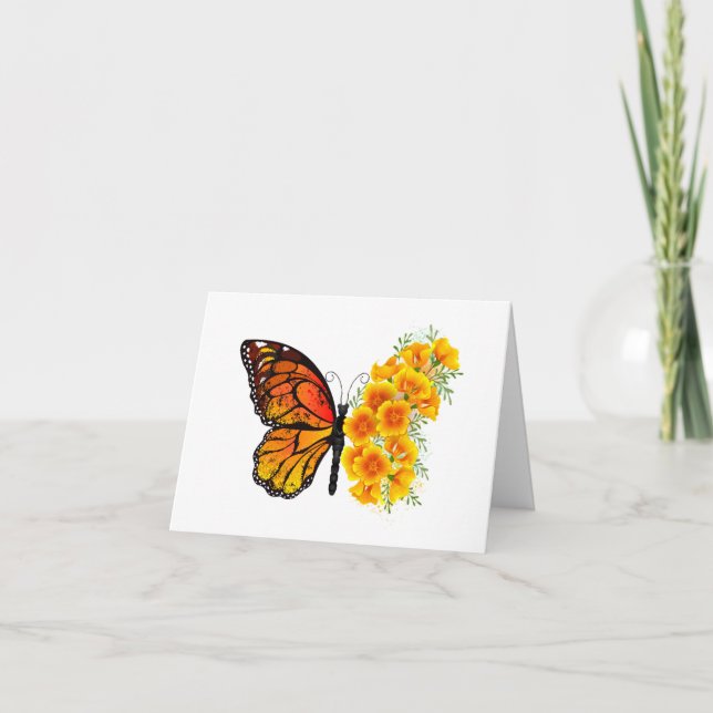 Tarjeta Mariposa de flores con amapola amarilla de Califor (Anverso)