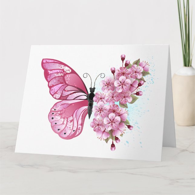 Tarjeta Mariposa de flores con Sakura rosa (Anverso)