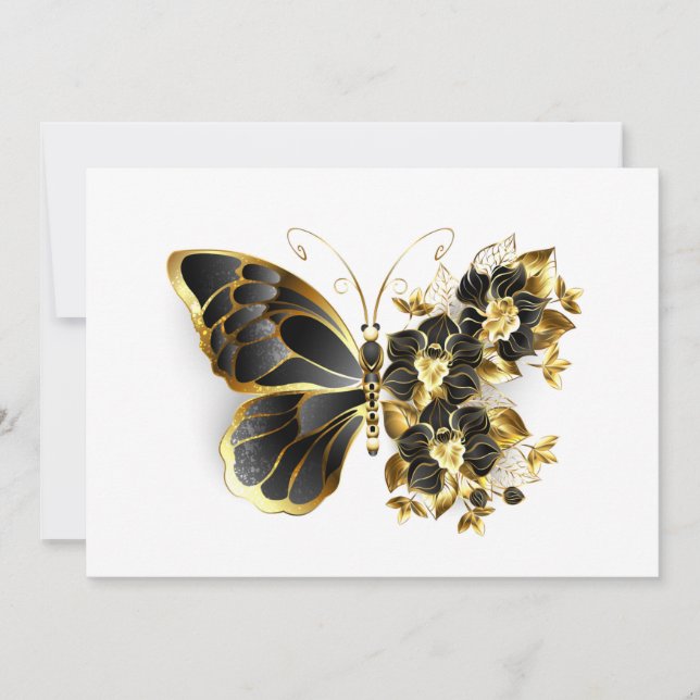 Tarjeta Mariposa de flores de oro con orquídea negra (Anverso)
