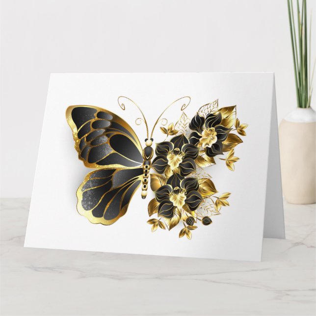 Tarjeta Mariposa de flores de oro con orquídea negra (Anverso)