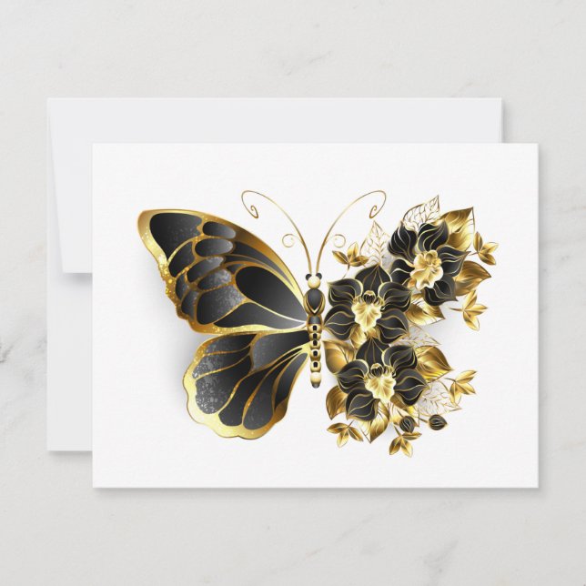 Tarjeta Mariposa de flores de oro con orquídea negra (Anverso)