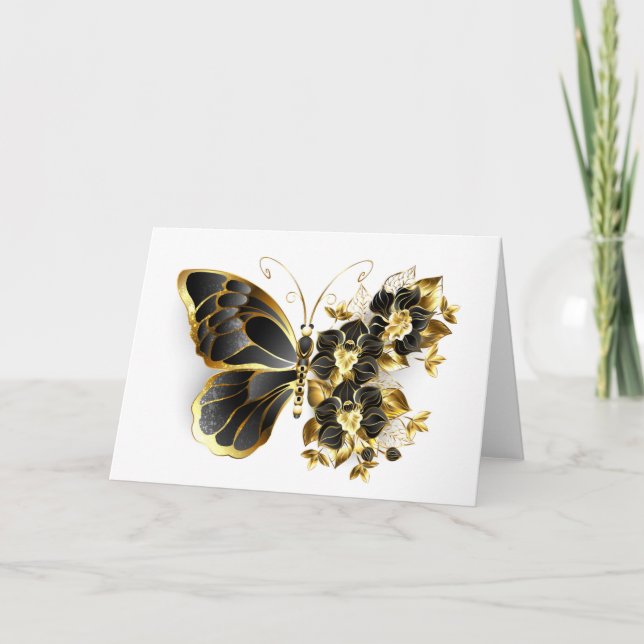 Tarjeta Mariposa de flores de oro con orquídea negra (Anverso)