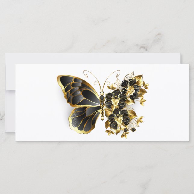 Tarjeta Mariposa de flores de oro con orquídea negra (Anverso)