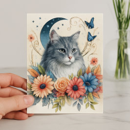 Tarjeta Mariposa de gato gris floral 
