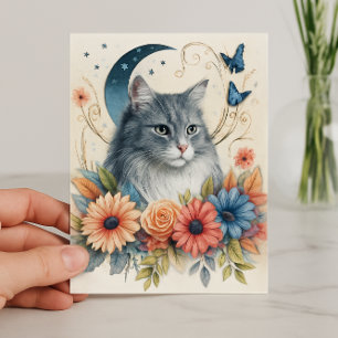 Tarjeta Mariposa de gato gris floral 