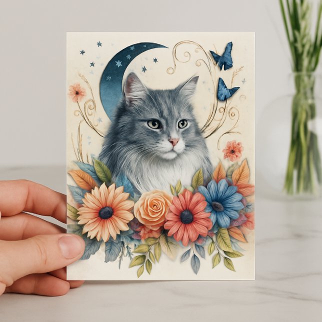 Tarjeta Mariposa de gato gris floral  (floral feline stationery for cat lover AI created)