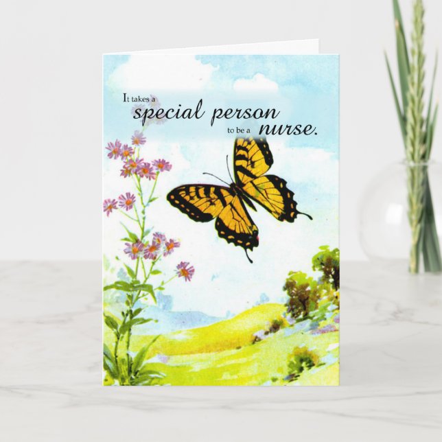 Tarjeta Mariposa en el Día de las Enfermeras, flores (Anverso)