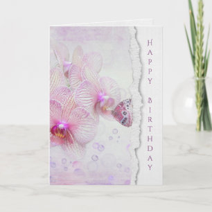 Tarjeta mariposa en orquídea rosa con burbujas