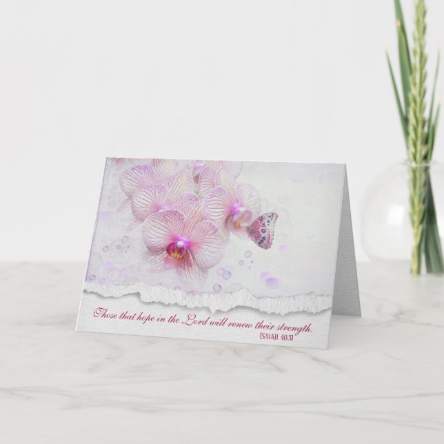Tarjeta Mariposa en orquídea rosa con verso bíblico (Anverso)