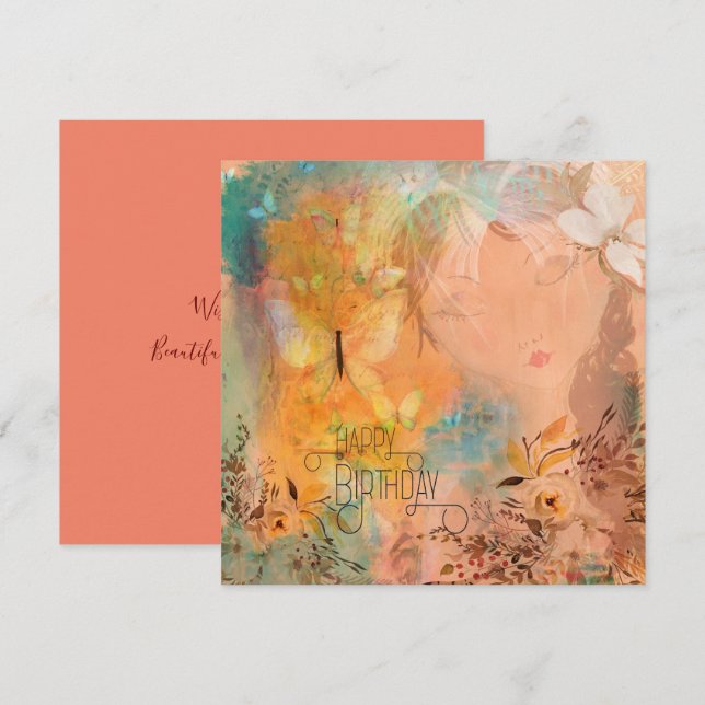 Tarjeta Mariposa floral Chica sinusal feliz cumpleaños (Anverso / Reverso)