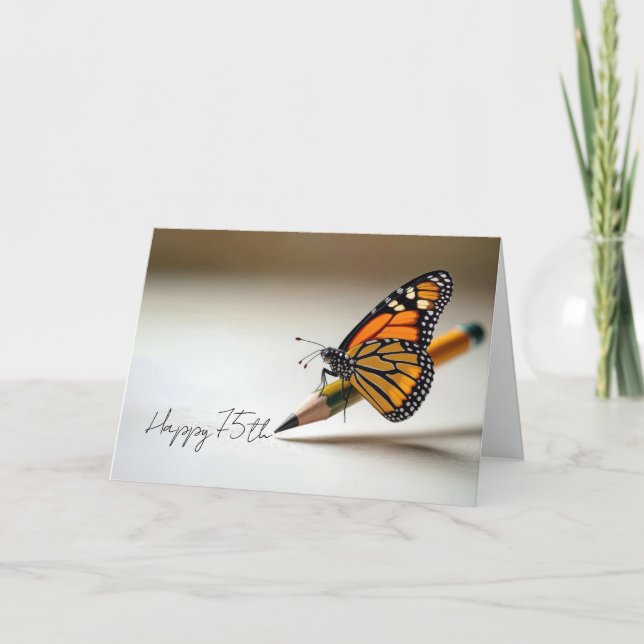 Tarjeta Mariposa Monarca Cumpleaños 75 en un Lápiz (Anverso)