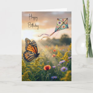 Tarjeta Mariposa Monarca Cumpleaños Volando una Cometa