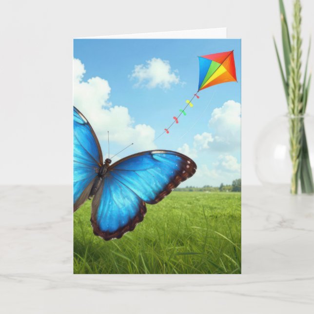 Tarjeta Mariposa Morpho Común de Cumpleaños Vuela una Come (Anverso)