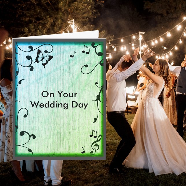 Tarjeta Mariposa musical deja Boda de grano de madera verd (Music Butterfly Leaves Green Wood Grain Wedding Card)