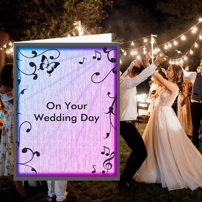 Tarjeta Mariposa musical deja Boda de madera azul y púrpur (Music Butterfly Leaves Blue & Purple Wood Wedding Card Cover)