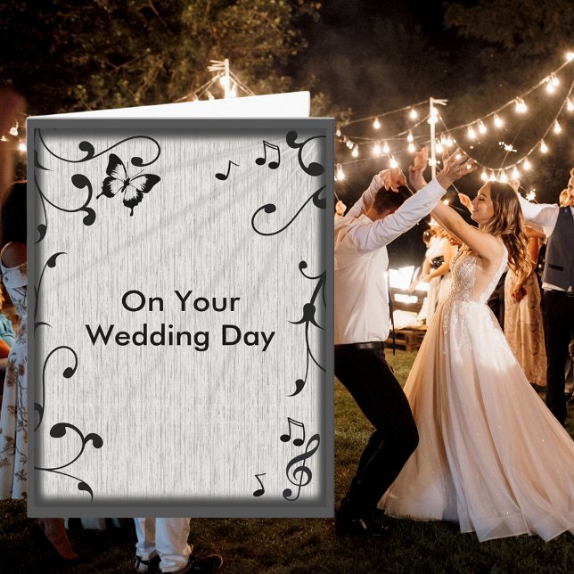 Tarjeta Mariposa musical deja Boda gris y madera negra (Music Butterfly Leaves Gray & Black Wood Wedding Card)