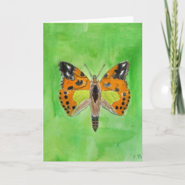 Tarjeta Mariposa naranja pintada en saludo verde (Anverso)