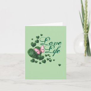 Tarjeta Mariposa Rosa con Hojas en Forma de Corazón