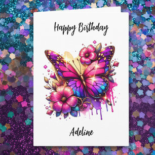 Tarjeta Mariposa rosa y morada y flores Cumpleaños