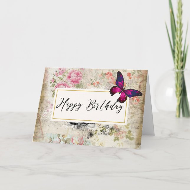 Tarjeta Mariposa rosa y Rosas de Shabby Vintage Cumpleaños (Anverso)