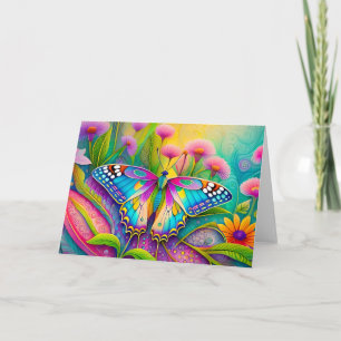 Tarjeta Mariposa sicodélica colorida y flores silvestres 