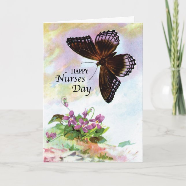 Tarjeta Mariposa y flores en el Día de las Enfermeras (Anverso)