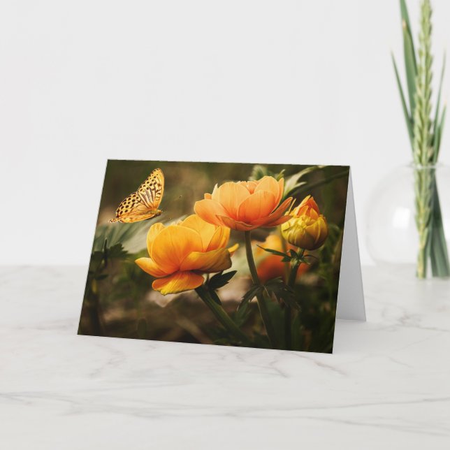 Tarjeta Mariposa y flores naranjas (Anverso)