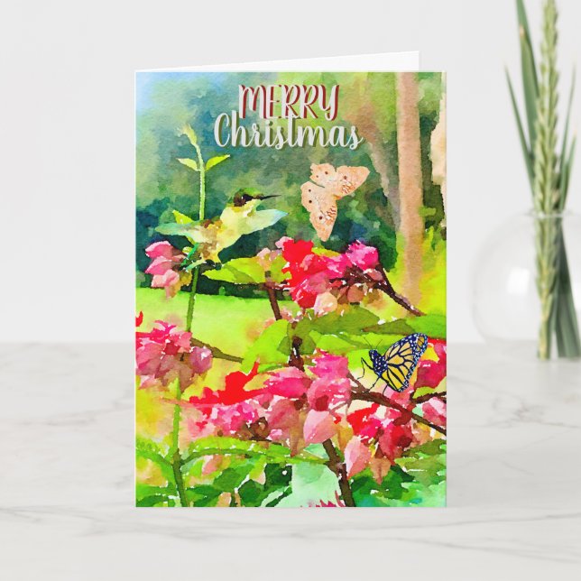 Tarjeta Mariposas acuarelas y Navidades de colibrí (Anverso)