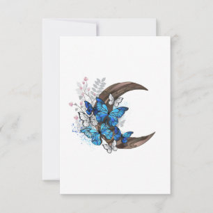Tarjeta Mariposas azules sobre la media luna de madera