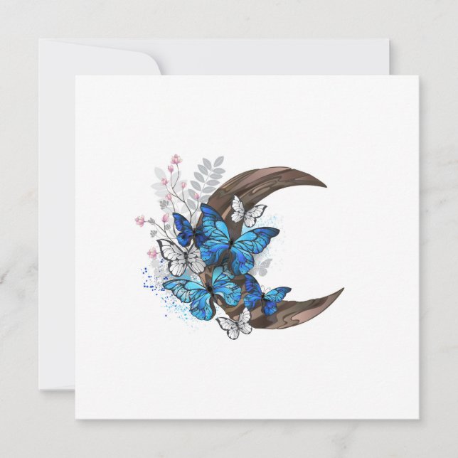 Tarjeta Mariposas azules sobre la media luna de madera (Anverso)