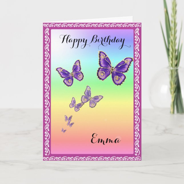 Tarjeta Mariposas de verano. Feliz cumpleaños, Emma. (Anverso)