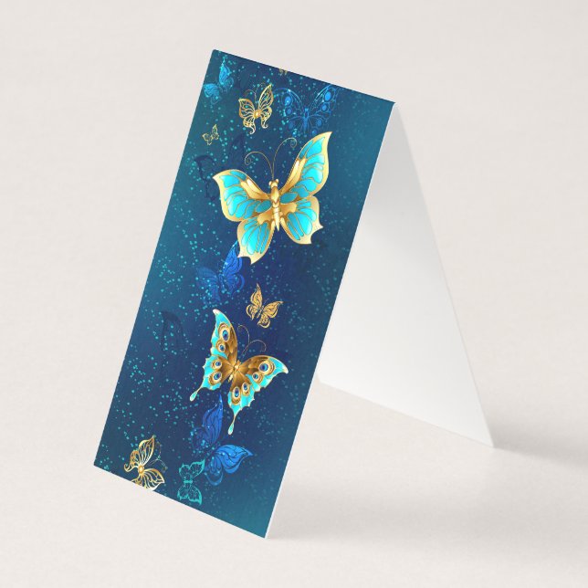 Tarjeta Mariposas doradas sobre fondo azul (Reverso)