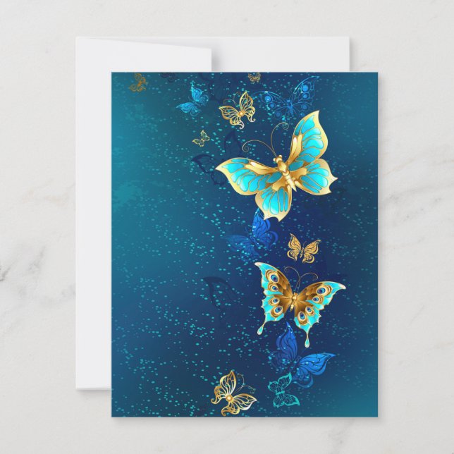 Tarjeta Mariposas doradas sobre fondo azul (Anverso)