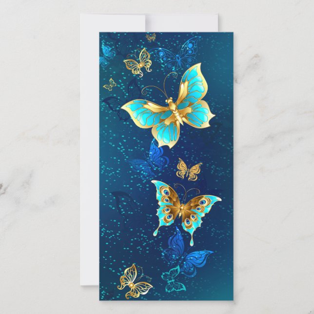 Tarjeta Mariposas doradas sobre fondo azul (Anverso)