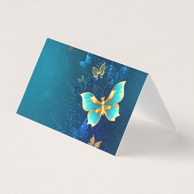 Tarjeta Mariposas doradas sobre fondo azul (Anverso)