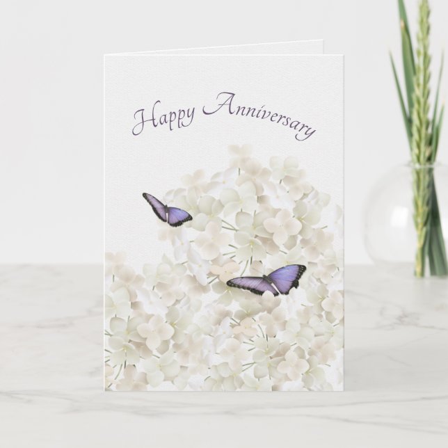 Tarjeta Mariposas en aniversario de hidrangea blanca (Anverso)