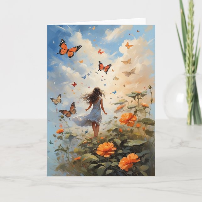 Tarjeta Mariposas espléndidas flores de Chica joven en bla (Anverso)