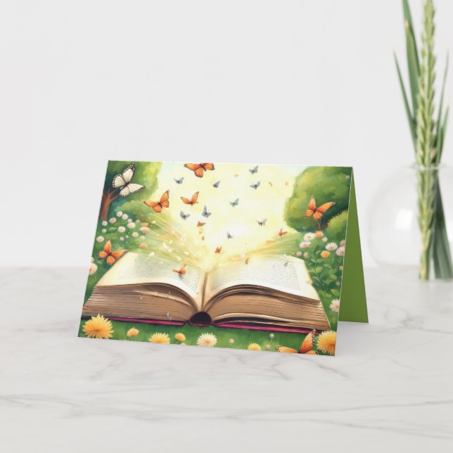Tarjeta Mariposas explotando fuera del libro abierto (Anverso)