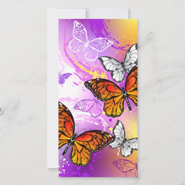 Tarjeta Mariposas monarcas en fondo morado (Anverso)