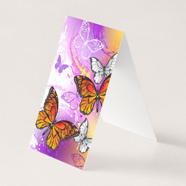 Tarjeta Mariposas monarcas en fondo morado (Anverso)