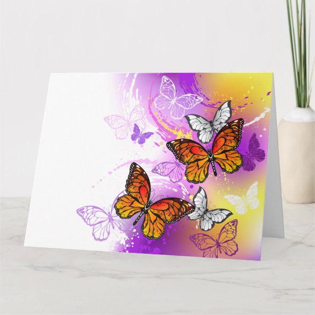 Tarjeta Mariposas monarcas en fondo morado (Anverso)