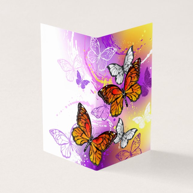 Tarjeta Mariposas monarcas en fondo morado (Exterior)