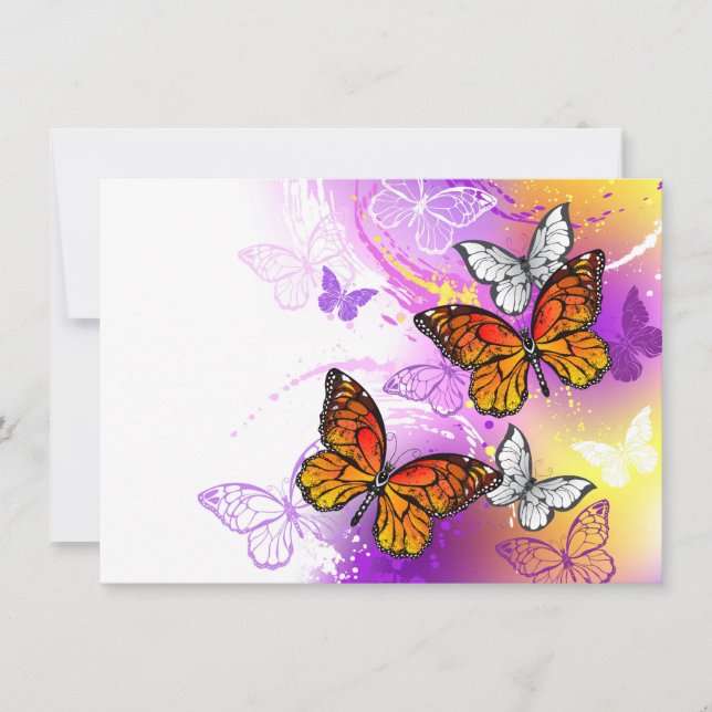 Tarjeta Mariposas monarcas en fondo morado (Anverso)