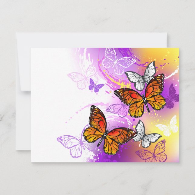 Tarjeta Mariposas monarcas en fondo morado (Anverso)