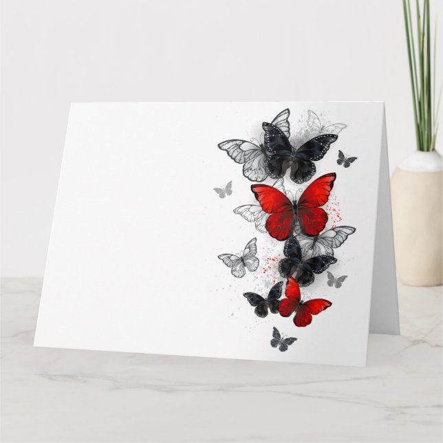Tarjeta Mariposas Morpho voladoras negras y rojas (Anverso)