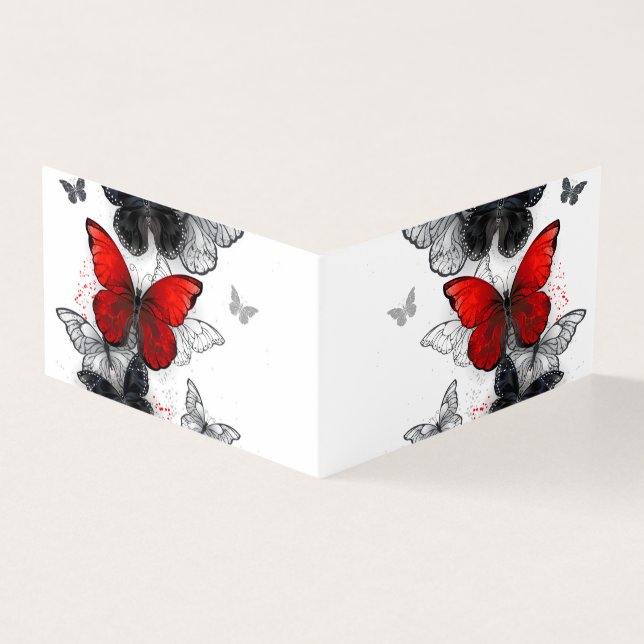 Tarjeta Mariposas Morpho voladoras negras y rojas (Exterior)