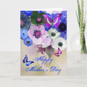 TARJETA MARIPOSAS, ROSAS AZULES BLANCAS Y FLORES ANEMONA
