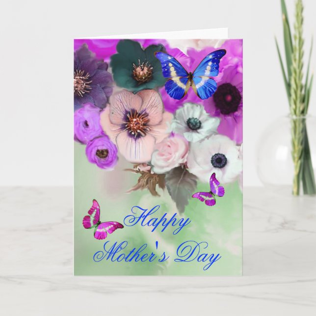 TARJETA MARIPOSAS, ROSAS BLANCOS Y FLORES DE ANEMONA (Anverso)